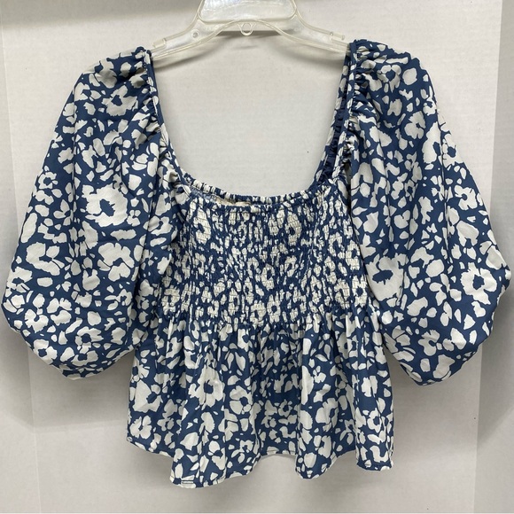 By Together Size S Blue & Cream Top Square Neck Gathered Bust Billowing Sleeves - Picture 1 of 12